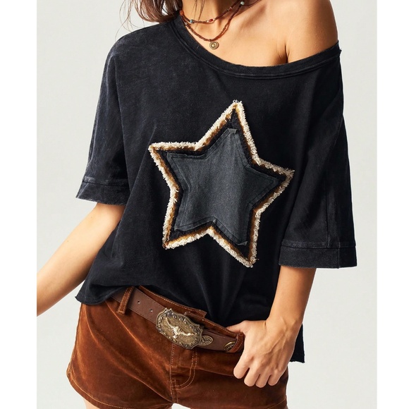 Boho Star Patch Round Neck Short Sleeve Top - Picture 1 of 6